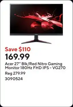 Staples Acer 27 Blk/Red Nitro Gaming Monitor 180Hz FHD IPS - VG270 offer