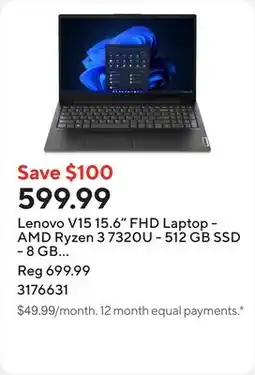 Staples Lenovo V15 15.6 FHD Laptop - AMD Ryzen 3 7320U - 512 GB SSD - 8 GB RAM - Windows 11 Home offer