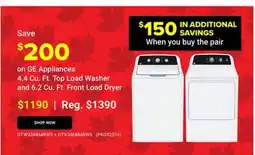 Visions Electronics GE Appliances 4.4 Cu. Ft. Top Load Washer and 6.2 Cu. Ft. Front Load Dryer offer
