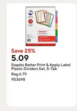 Staples Staples Better Print & Apply Label Plastic Dividers Set, 5-Tab offer