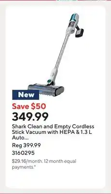 Staples Shark Clean and Empty Cordless Stick Vacuum with HEPA & 1.3 L Auto Empty System - White offer