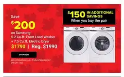 Visions Electronics Samsung 5.2 Cu.ft. Front Load Washer + 7.5 Cu. ft. Electric Dryer offer