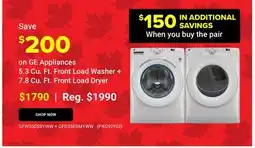Visions Electronics GE Appliances 5.3 Cu. Ft. Front Load Washer + 7.8 Cu. Ft. Front Load Dryer offer