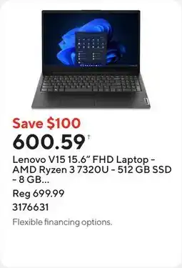 Staples Lenovo V15 15.6 FHD Laptop - AMD Ryzen 3 7320U - 512 GB SSD - 8 GB RAM - Windows 11 Home offer