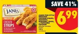 No Frills Janes pub style breaded chicken strips, nuggets, burgers, fries, or popcorn chicken offer