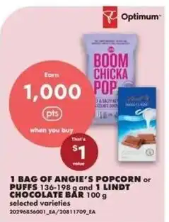 No Frills 1 bag of angie's popcorn or puffs and 1 lindt chocolate bar offer