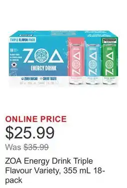 Costco ZOA Energy Drink Triple Flavour Variety, 355 mL 18-pack offer