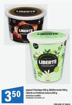 Maxi YOGOURT CLASSIQUE, 650 G, MÉDITERRANÉE, 500 G LIBERTÉ OU PROTÉINES SOURCE offer
