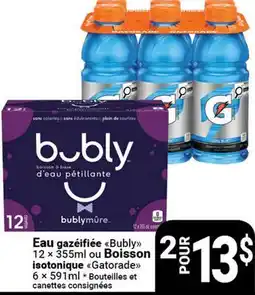 Pasquier Eau gazéifiée Bubly 12 × 355ml ou Boisson isotonique Gatorade 6 × 591ml offer