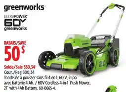 Canadian Tire Greenworks 60V Cordless 4-in-1 Push Mower, 21˝ with 4Ah Battery offer