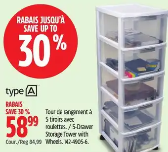 Canadian Tire 5-Drawer Storage Tower with Wheels offer
