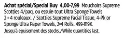 Canadian Tire Scotties Supreme Facial Tissue, 4-Pk or Sponge Ultra Paper Towels, 2=4 Rolls offer
