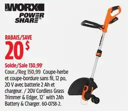Canadian Tire WORX 20V Cordless Grass Trimmer & Edger, 12 with 2Ah Battery & charger offer