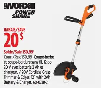 Canadian Tire WORX 20V Cordless Grass Trimmer & Edger, 12 with 2Ah Battery & charger offer