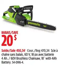 Canadian Tire 60V Brushless Chainsaw, 18 with 4Ah Battery offer
