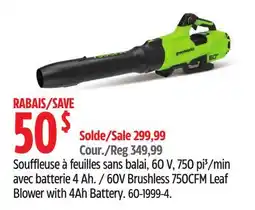 Canadian Tire Greenworks 60V Brushless 750CFM Leaf Blower with 4Ah Battery offer