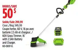 Canadian Tire GREENWORKS 60V Grass Timmer, 16˝ with 2.5Ah Battery and Charger offer