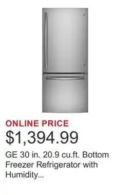 Costco GE 30 in. 20.9 cu.ft. Bottom Freezer Refrigerator with Humidity Controlled Crispers offer