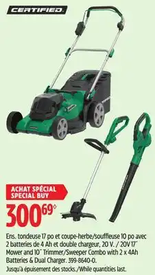 Canadian Tire CERTIFIED 20V 17 Mower and 10 Trimmer/Sweeper Combo with 2 x 4Ah Batteries & Dual Charger offer