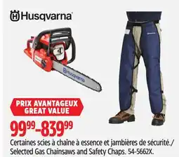 Canadian Tire Husqvarna Selected Gas Chainsaws and Safety Chaps offer