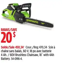 Canadian Tire Greenworks 60V Brushless Chainsaw, 18˝ with 4Ah Battery offer