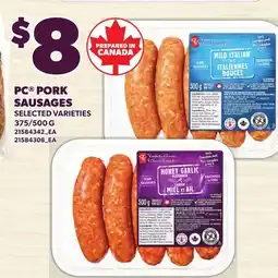 Loblaws PC PORK SAUSAGES, 375/500 G offer