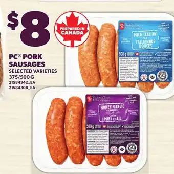 Loblaws PC PORK SAUSAGES, 375/500 G offer