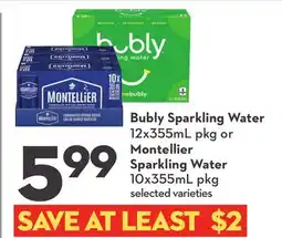 Longo's Bubly Sparkling Water 12x355mL pkg or Montellier Sparkling Water 10x355mL pkg offer