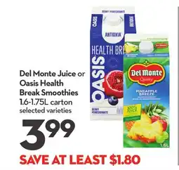 Longo's Del Monte Juice or Oasis Health Break Smoothies offer