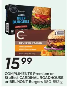 Sobeys COMPLIMENTS Premium or Stuffed, CARDINAL ROADHOUSE or BELMONT Burgers offer