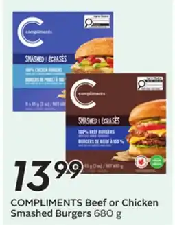 Sobeys COMPLIMENTS Beef or Chicken Smashed Burgers offer