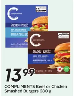 Sobeys COMPLIMENTS Beef or Chicken Smashed Burgers offer