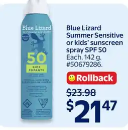 Walmart Blue Lizard Summer Sensitive or kids' Sunscreen Spray SPF 50 offer