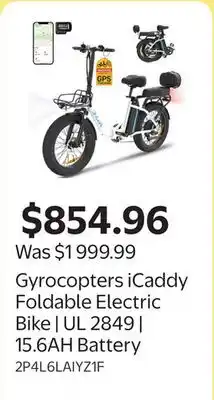 Walmart Gyrocopters iCaddy Foldable Electric Bike | UL 2849 | 15.6AH Battery offer