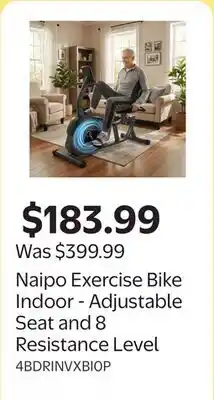 Walmart Naipo Exercise Bike Indoor - Adjustable Seat and 8 Resistance Level offer