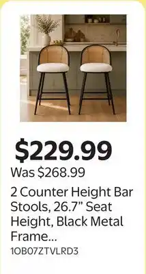 Walmart 2 Counter Height Bar Stools, 26.7 Seat Height, Black Metal Frame White offer