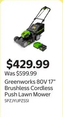 Walmart Greenworks 80V 17 Brushless Cordless Push Lawn Mower offer
