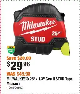 Home Depot MILWAUKEE 25' x 1.3 Gen II STUD Tape Measure offer