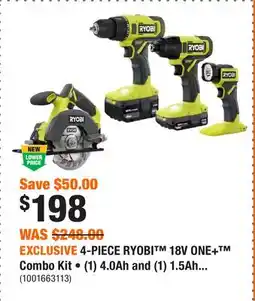Home Depot EXCLUSIVE 4-PIECE RYOBI 18V ONE+ Combo Kit • (1) 4.0Ah and (1) 1.5Ah Battery and Charger offer