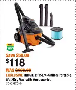 Home Depot EXCLUSIVE RIDGID 15L/4-Gallon Portable Wet/Dry Vac with Accessories offer