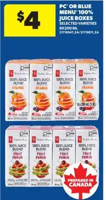 Real Canadian Superstore PC OR BLUE MENU 100% JUICE BOXES offer