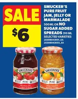 Real Canadian Superstore SMUCKER'S PURE FRUIT JAM, JELLY OR MARMALADE, 500 ML OR NO SUGAR ADDED SPREADS, 310 ML offer
