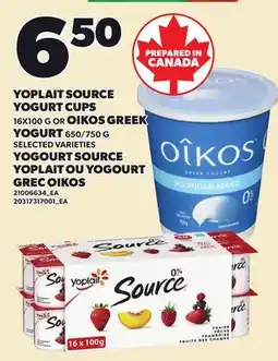 Independent Grocer YOPLAIT SOURCE YOGURT CUPS, 16X100 G OR OIKOS GREEK YOGURT, 650/750 G offer