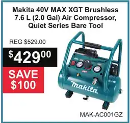 Atlas Tools & Machinery Makita 40V MAX XGT Brushless 7.6 L (2.0 Gal) Air Compressor, Quiet Series Bare Tool offer