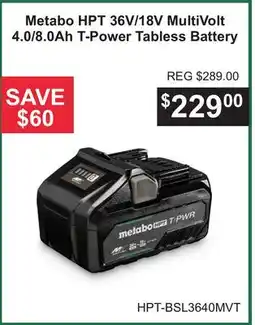 Atlas Tools & Machinery Metabo HPT 36V/18V MultiVolt 4.0/8.0Ah T-Power Tabless Battery offer