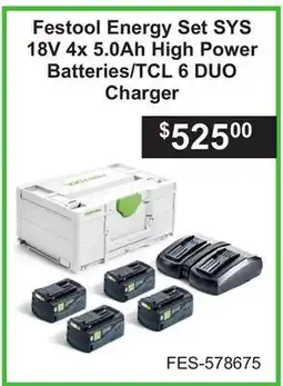Atlas Tools & Machinery Festool Energy Set SYS 18V 4x 5.0Ah High Power Batteries/TCL 6 DUO Charger offer