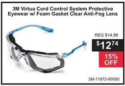 Atlas Tools & Machinery 3M Virtua Cord Control System Protective Eyewear w/ Foam Gasket Clear Anti-Fog Lens offer