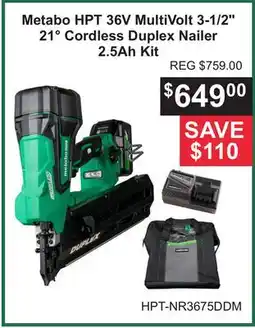 Atlas Tools & Machinery Metabo HPT 36V MultiVolt 3-1/2 21° Cordless Duplex Nailer 2.5Ah Kit offer