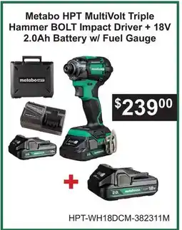 Atlas Tools & Machinery Metabo HPT MultiVolt Triple Hammer BOLT Impact Driver + 18V 2.0Ah Battery w/ Fuel Gauge offer