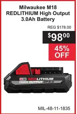 Atlas Tools & Machinery Milwaukee M18 REDLITHIUM High Output 3.0Ah Battery offer
